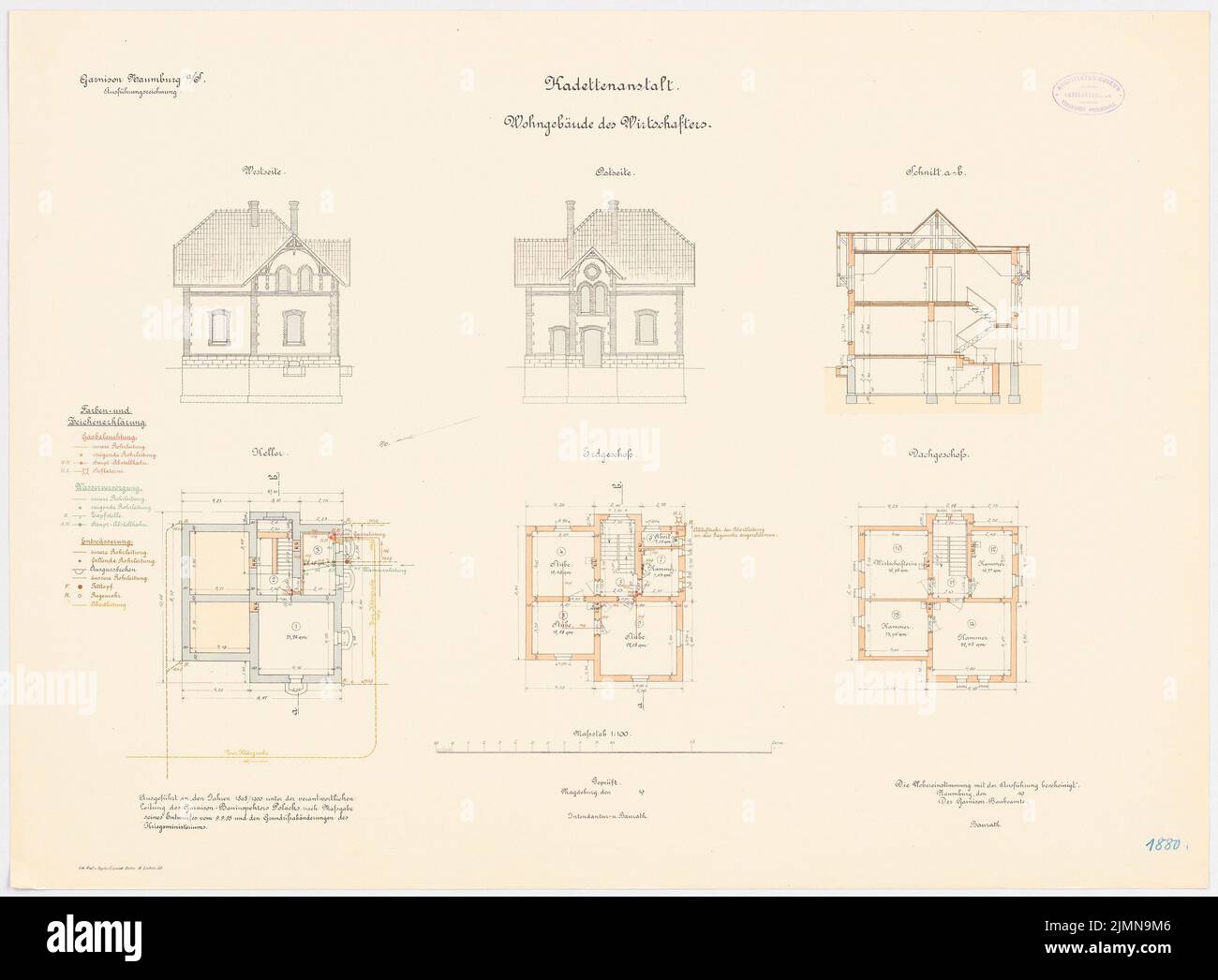 Polack, guarnigione cadet istituzione a Naumburg/Saale (1898-1900): Casa dell'economia: Piano terra cantina, piano terra, soffitta, vista est aperta, vista ovest, sezione trasversale 1: 100. Litografia, 55,9 x 76 cm (inclusi i bordi di scansione) Foto Stock