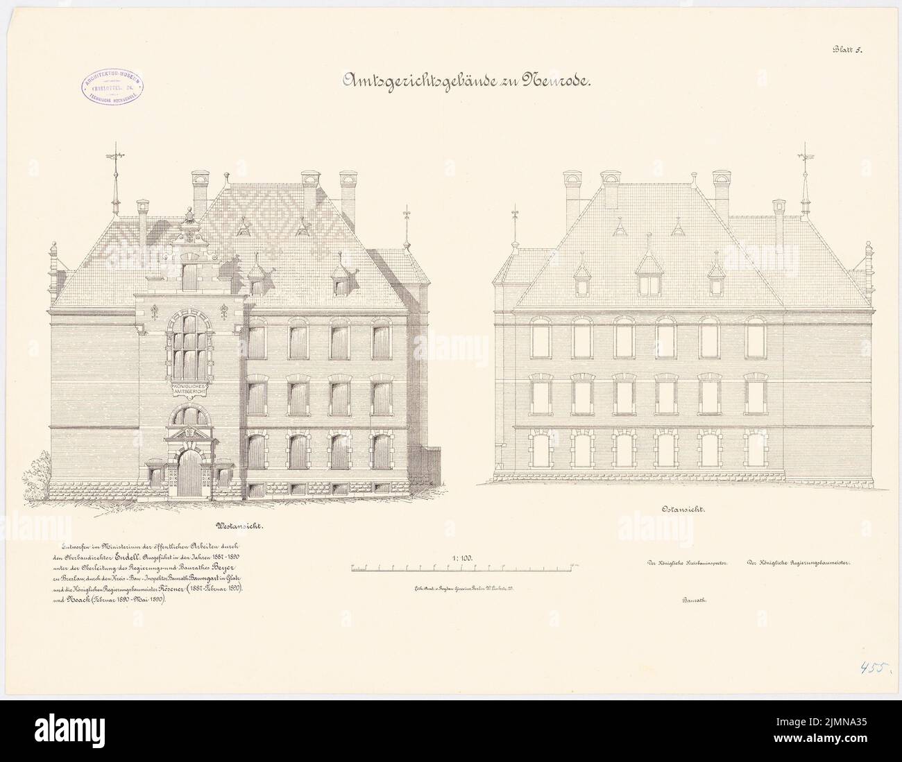 Endell Karl Friedrich (1843-1891), Tribunale distrettuale e carcere di Neurode (1887-1890): Corte: Vista alta orientale, vista ovest 1: 100. Litografia, 50,9 x 65,6 cm (inclusi i bordi di scansione) Foto Stock