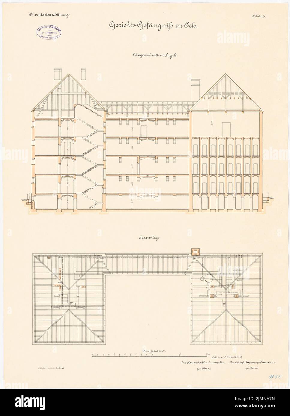 Endell Karl Friedrich (1843-1891), carcere giudiziario di Oels (1896): Rafters planimati, sezione longitudinale 1: 100. Litografia, 71,6 x 53,2 cm (inclusi i bordi di scansione) Foto Stock