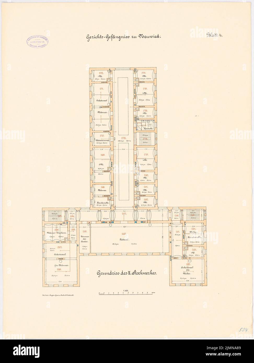 Architetto sconosciuto, giurisdizione a Neuwied (ca 1887): pianta 2nd piano 1: 100. Litografia, 71,2 x 53,3 cm (inclusi i bordi di scansione) Foto Stock