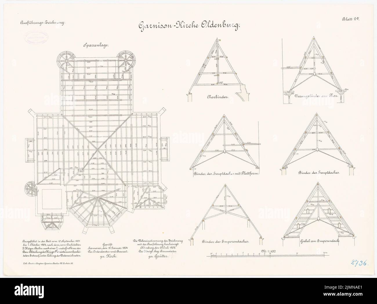 Kröger Jürgen (1856-1928), chiesa di guarnigione a Oldenburg/Holstein (1901-1903): Travi a pavimento, tagli attraverso la soffitta 1: 100. Litografia, 51,1 x 69,4 cm (inclusi i bordi di scansione) Foto Stock