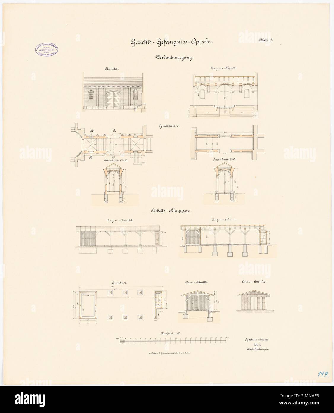 Architetto sconosciuto, giurisdizione in Oppeln (1888): Collegamento: Pianta del pavimento, profilo, sezione longitudinale, sezione trasversale 1: 100. Bilance da lavoro: Pianta del pavimento, vista della lunghezza aperta e vista laterale, longitudinale. Litografia, 76,3 x 66,2 cm (inclusi i bordi di scansione) Foto Stock