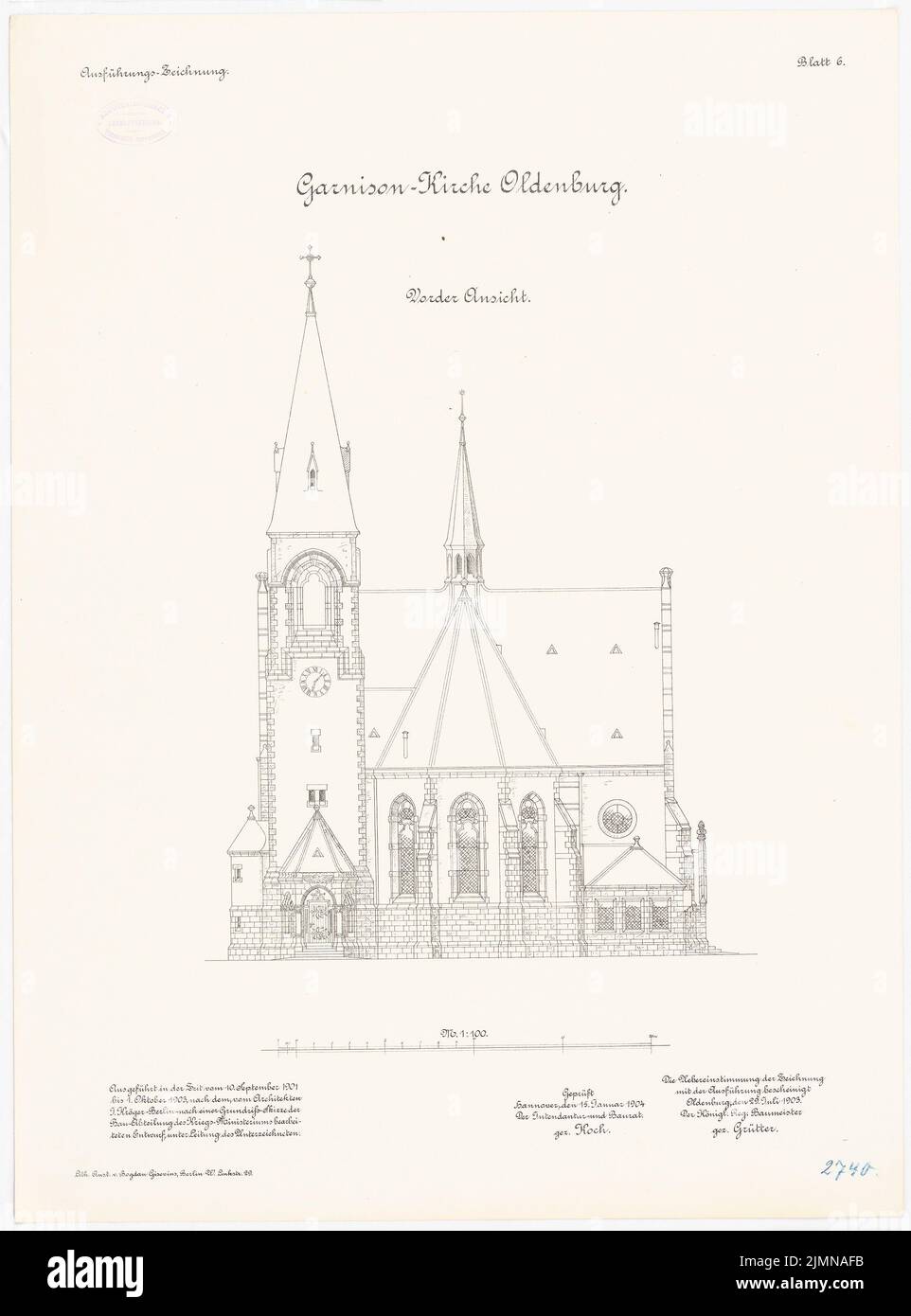 Kröger Jürgen (1856-1928), Garrisonskirche in Oldenburg/Holstein (1901-1903): Vista frontale RISS 1: 100. Litografia, 69,3 x 51,3 cm (inclusi i bordi di scansione) Foto Stock