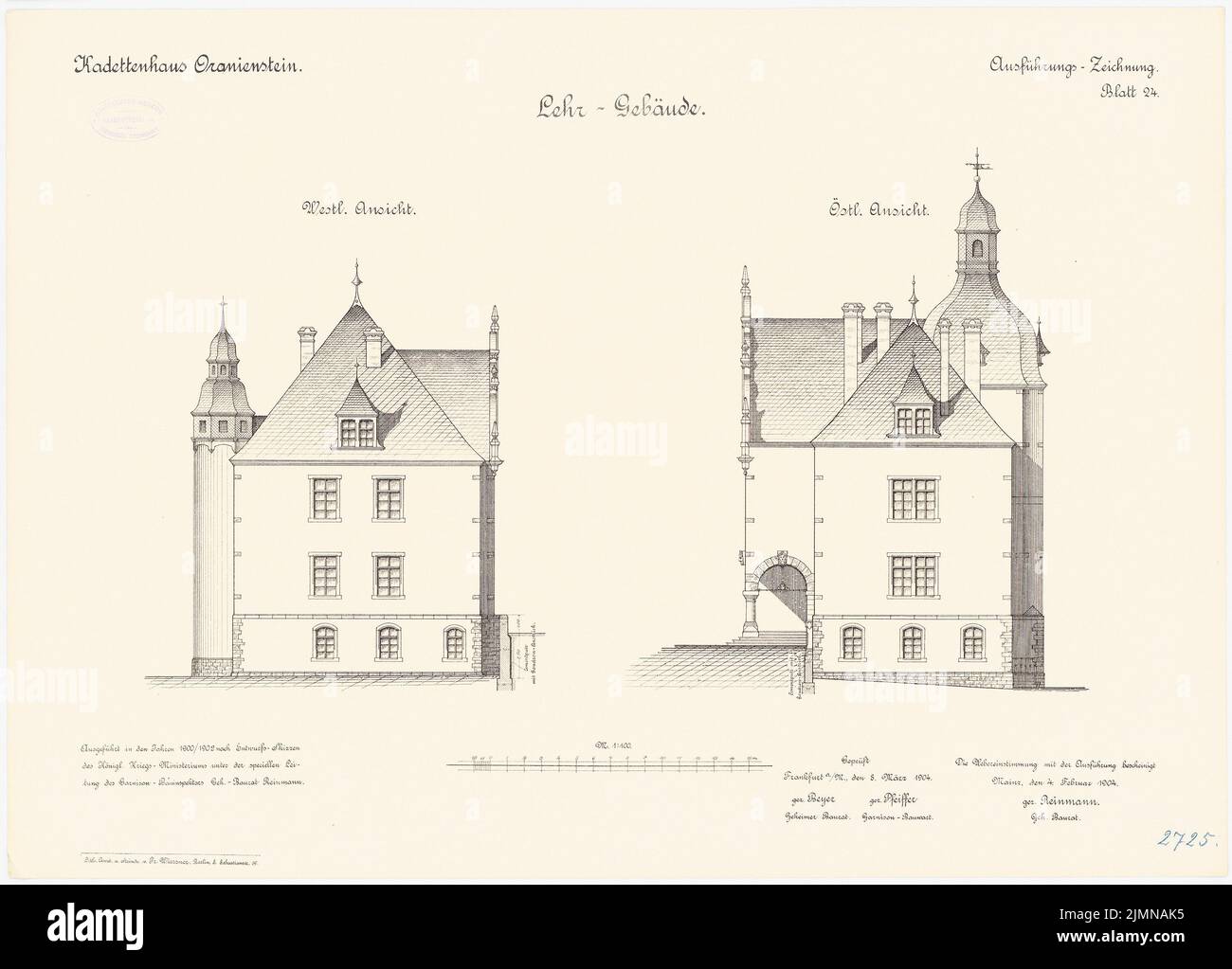 Reinmann, Kadettenhaus in Oranienstein (1900-1902): Edificio didattico: Vista alta Oriente, vista ovest 1: 100. Litografia, 50,9 x 70,8 cm (inclusi i bordi di scansione) Foto Stock