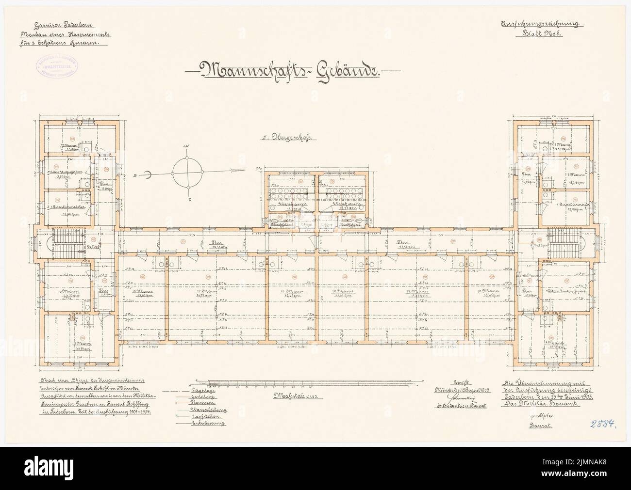 Cavolo crudo, caserme per 2 hussars escadroni a Paderborn (1901-1904): Team building: Piano 2nd piano 1: 100. Litografia, 48,1 x 67,9 cm (inclusi i bordi di scansione) Foto Stock