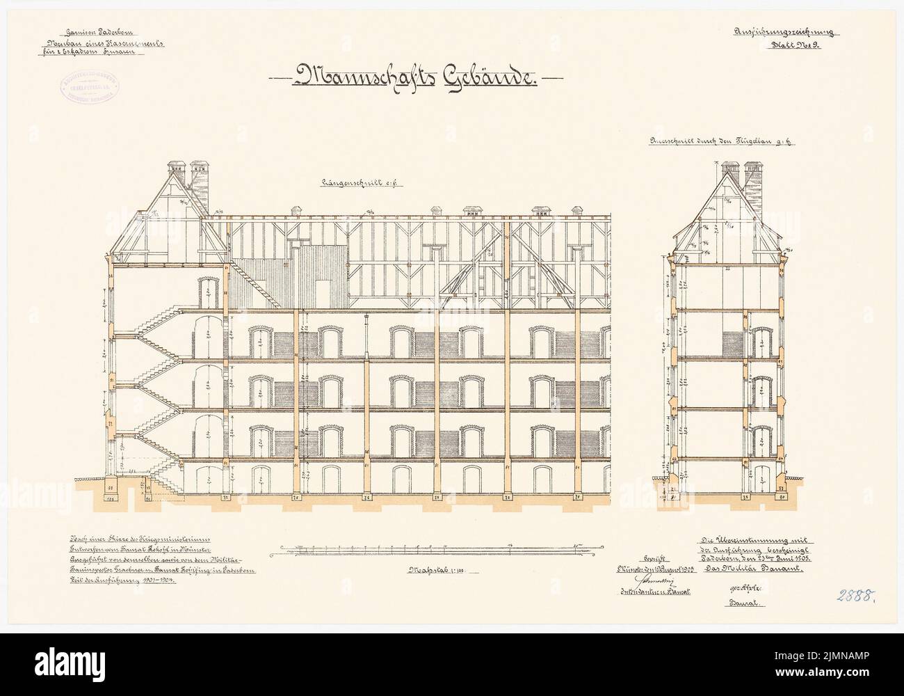 Cavolo crudo, caserme per 2 caserme a Paderborn (1901-1904): Team building: Taglio longitudinale, sezione trasversale 1: 100. Litografia, 48,2 x 68,8 cm (inclusi i bordi di scansione) Foto Stock