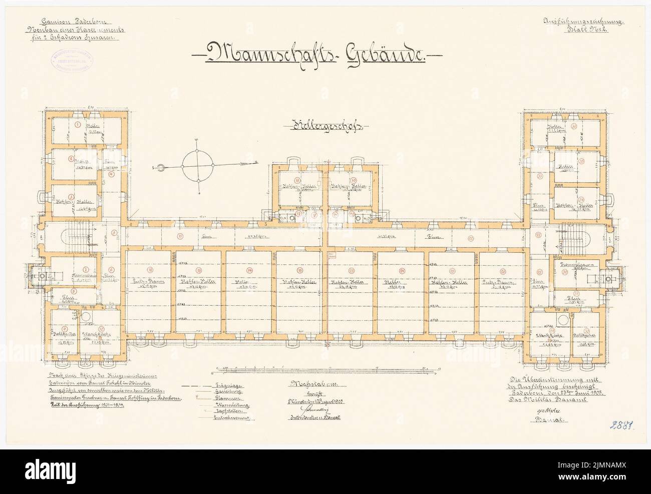Cavolo crudo, caserme per 2 hussars escadroni a Paderborn (1901-1904): Team building: Piano Keller 1: 100. Litografia, 47,9 x 69,4 cm (inclusi i bordi di scansione) Foto Stock