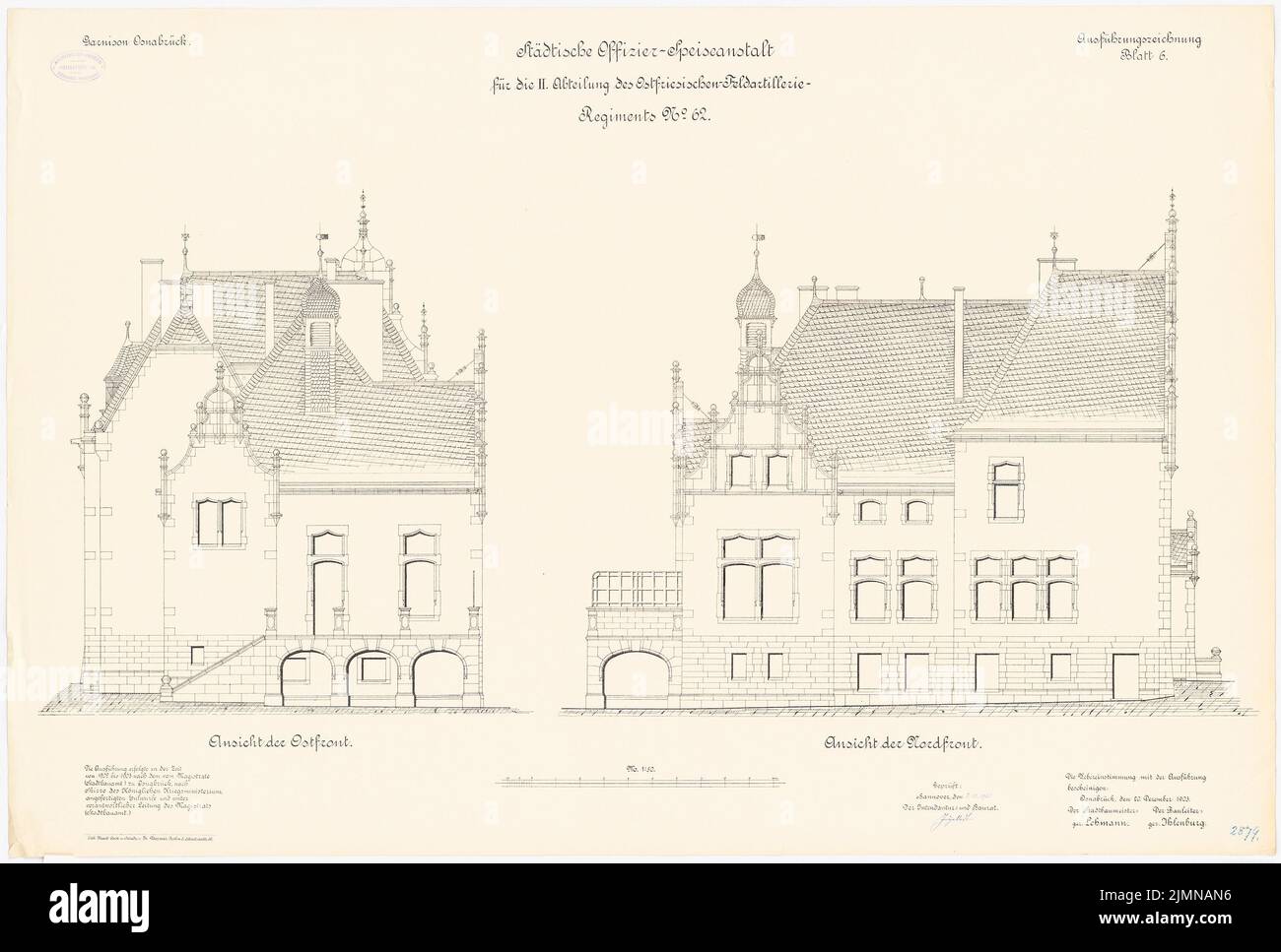 Architetto sconosciuto, ufficiale di guarnigione casino in Osnabrück (1902-1903): Vista nord superiore, vista est 1:50. Litografia, 71,3 x 105,7 cm (inclusi i bordi di scansione) Foto Stock