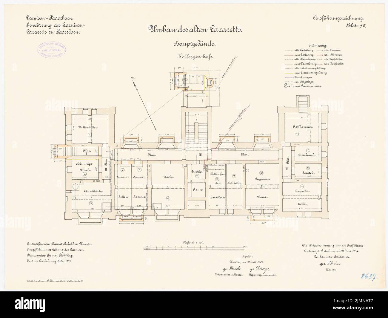Cavolo crudo, ospedale di guarnigione a Paderborn. Espansione (1902-1903): Conversione del vecchio ospedale: Piano Keller 1: 100. Litografia, 45,9 x 61,2 cm (inclusi i bordi di scansione) Foto Stock