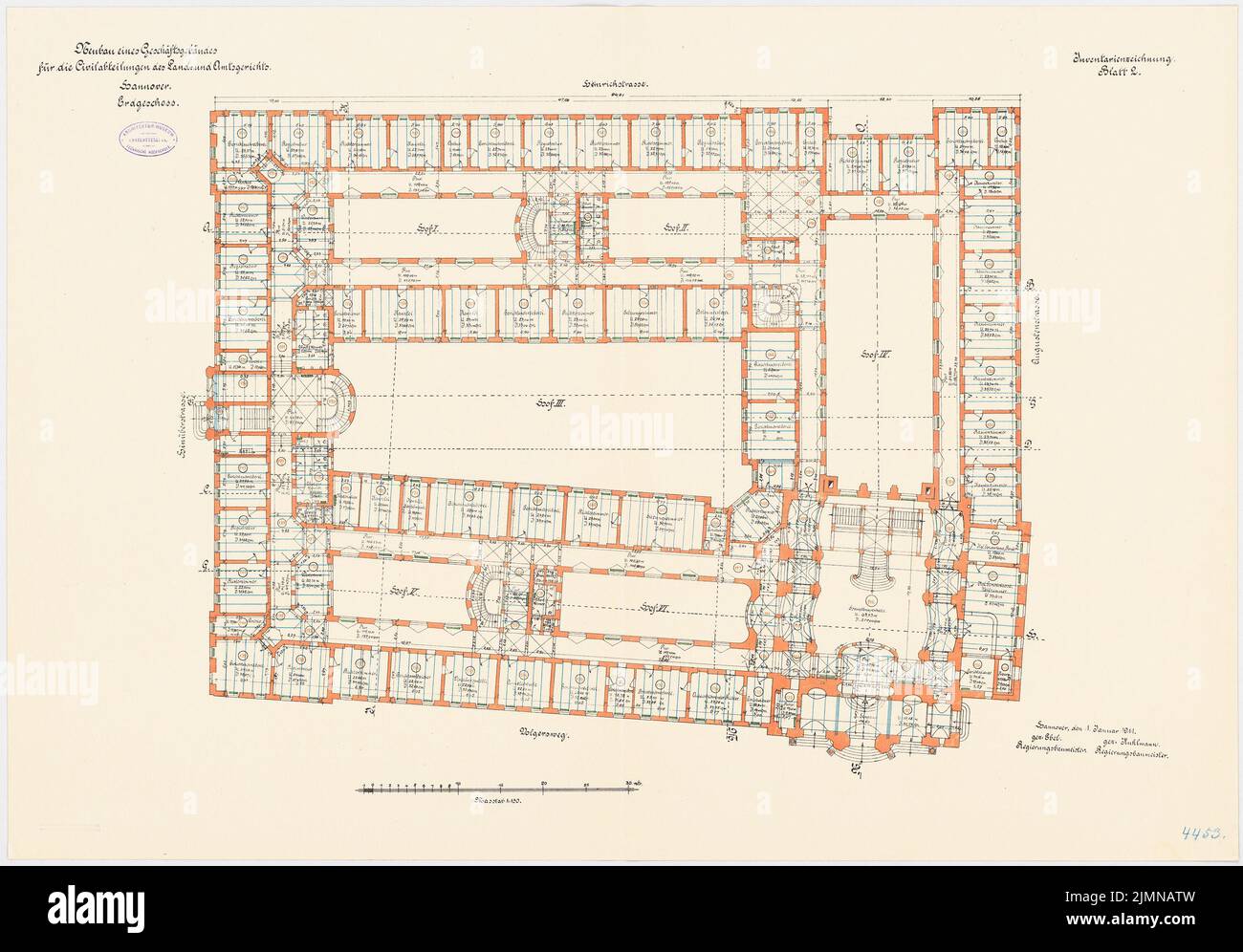 Sconosciuto architetto, distretto e tribunale distrettuale di Hannover (ca 1911): pianta del piano terra 1: 150. Litografia, 67,3 x 96,5 cm (inclusi i bordi di scansione) Foto Stock