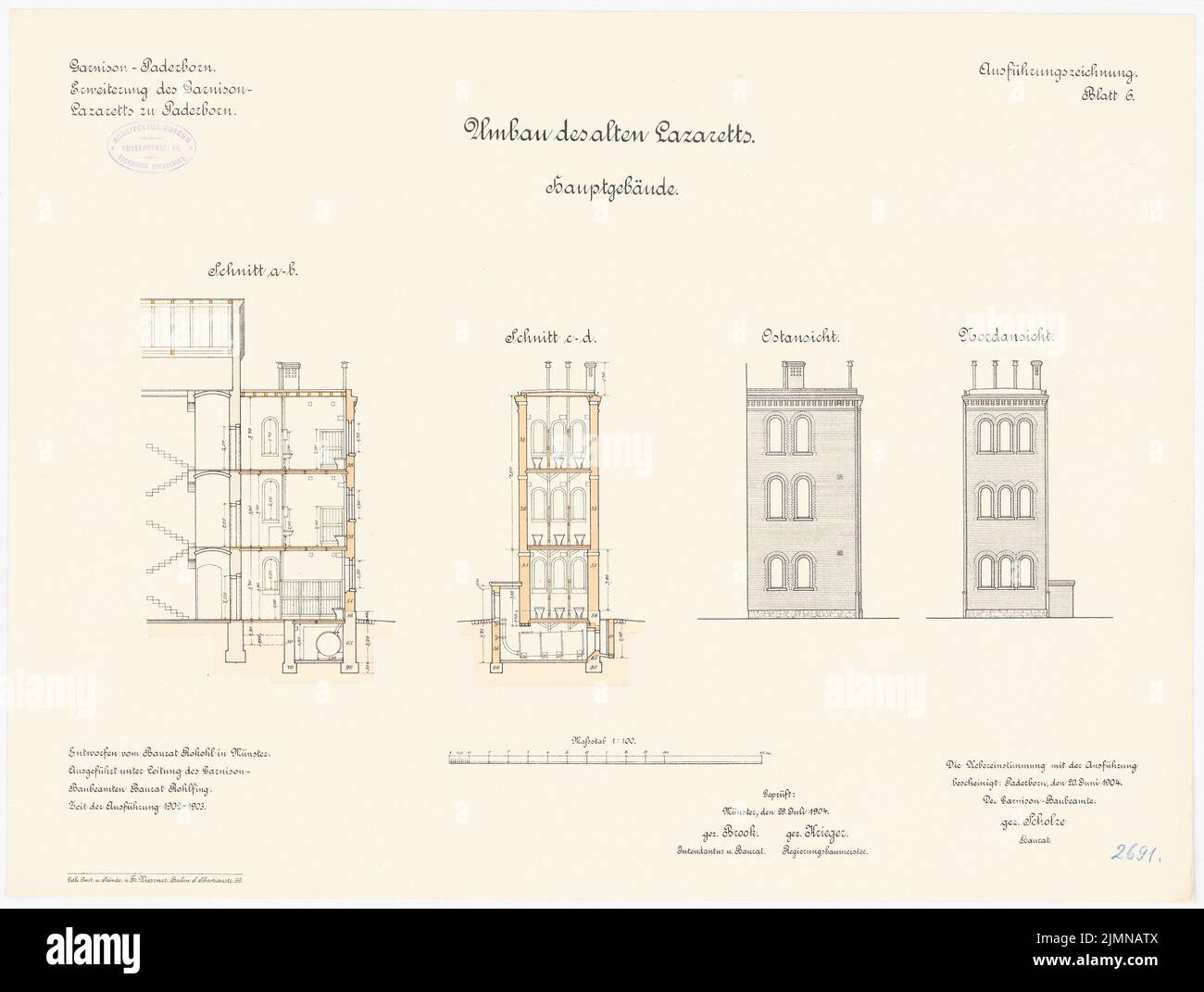 Cavolo crudo, ospedale di guarnigione a Paderborn. Espansione (1902-1903): Conversione del vecchio ospedale: Vista nord, vista est, tagli 1: 100. Litografia, 46 x 60,9 cm (inclusi i bordi di scansione) Foto Stock
