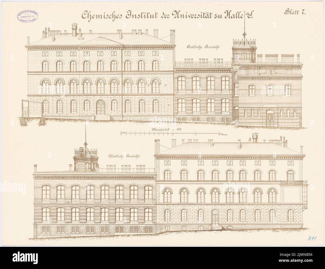 Architetto sconosciuto, Istituto chimico della Martin Luther University Halle/Saale. Conversione ed espansione (circa 1894): Vista a poppa, vista a ovest 1: 100. Litografia, 53,2 x 70 cm (inclusi i bordi di scansione) Foto Stock