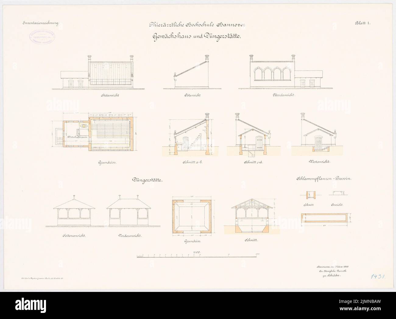 Architetto sconosciuto, Università veterinaria di Hannover (ca 1900): serra: pianta, vista nord, vista sud, vista est, sezioni trasversali. Fertilizzante: Pianta del pavimento, ancestria per la vista frontale e laterale,. Litografia, 51,1 x 69,3 cm (inclusi i bordi di scansione) Foto Stock