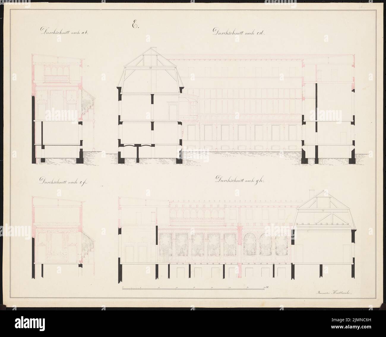 Knoblauch Eduard (1801-1865), ambasciata russa, Berlino (1840-1841): Cut Through e CD, EF e GH, barra di scala. Acquerello Tusche su carta, 46 x 57,2 cm (inclusi i bordi di scansione) Foto Stock