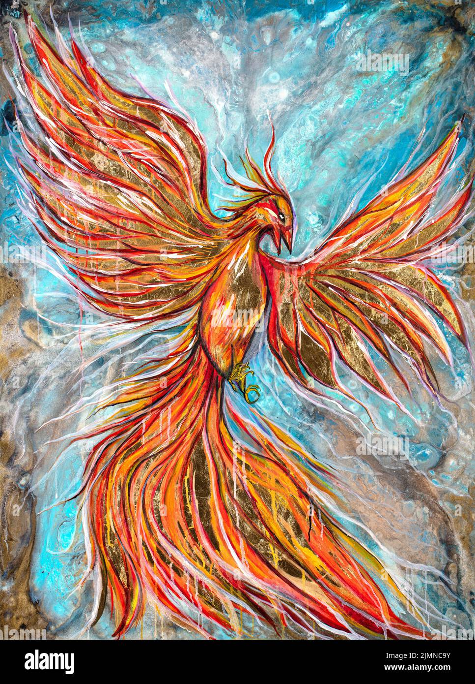 Phoenix uccello fuoco. Opere d'arte dipinte con oro e tecnica mista. Foto Stock