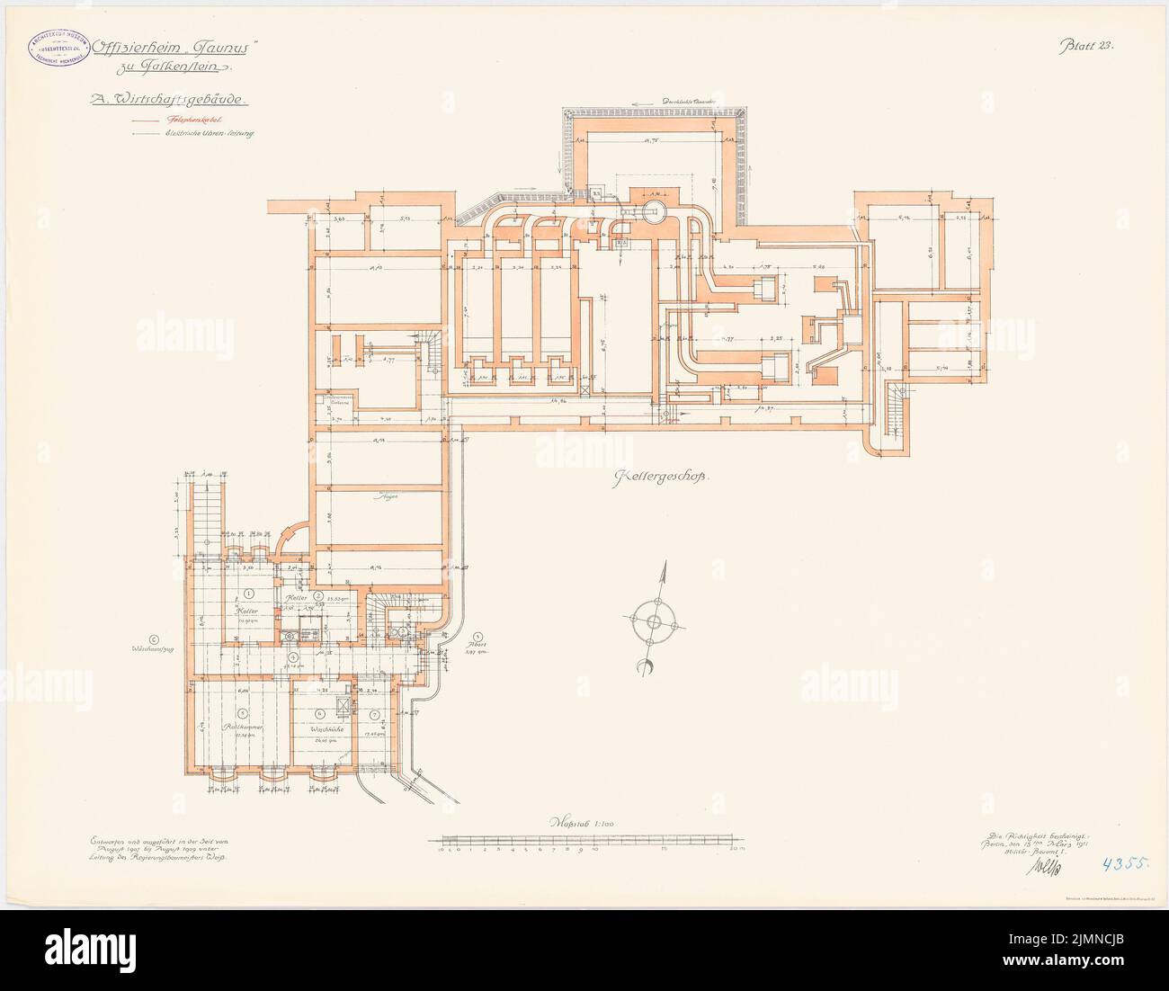 Architetto sconosciuto, Officersheim Taunus a Falkenstein. Fattoria (1907-1909): Telefono, campane e orologio complesso: Grundriss Keller 1: 100. Litografia, 65,9 x 84,6 cm (inclusi i bordi di scansione) Foto Stock