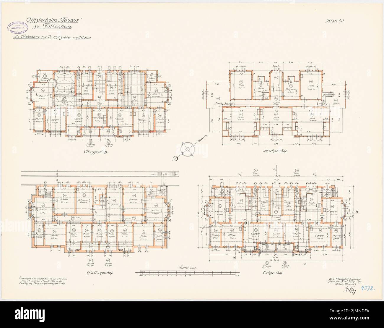 Architetto sconosciuto, Officersheim Taunus a Falkenstein. Edificio residenziale per 12 ufficiali (ovest) (1907-1909): Piano terra cantina, piano terra, piano superiore, mansarda 1: 100. Litografia, 66,4 x 84,6 cm (inclusi i bordi di scansione) Foto Stock