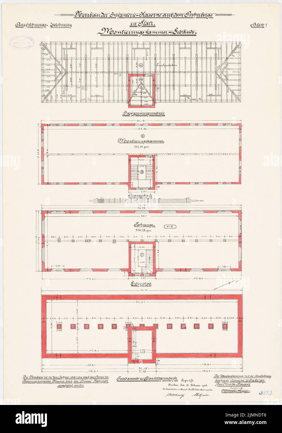 Architetto sconosciuto, caserme di fanteria sul Puhnberge in Glatz. Camera di montaggio (1902-1906): Pianterreno e banchetto, piano terra, piano superiore, mansarda 1: 100. Litografia, 72,8 x 50,9 cm (inclusi i bordi di scansione) Foto Stock