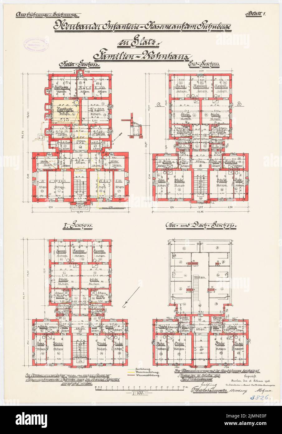 Architetto sconosciuto, caserme di fanteria sul Puhnberge in Glatz. Casa residenziale per famiglie (1902-1906): Pianterreno, piano terra, piano superiore, mansarda 1: 100. Litografia, 73,2 x 51 cm (inclusi i bordi di scansione) Foto Stock