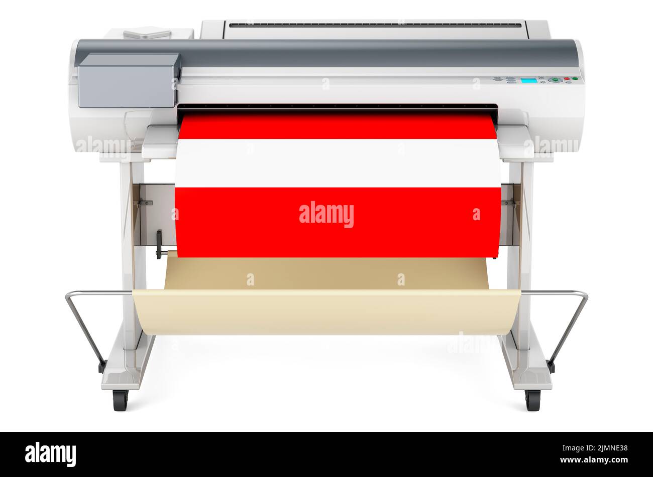 Stampante di grande formato, plotter con bandiera austriaca. 3D rendering isolato su sfondo bianco Foto Stock