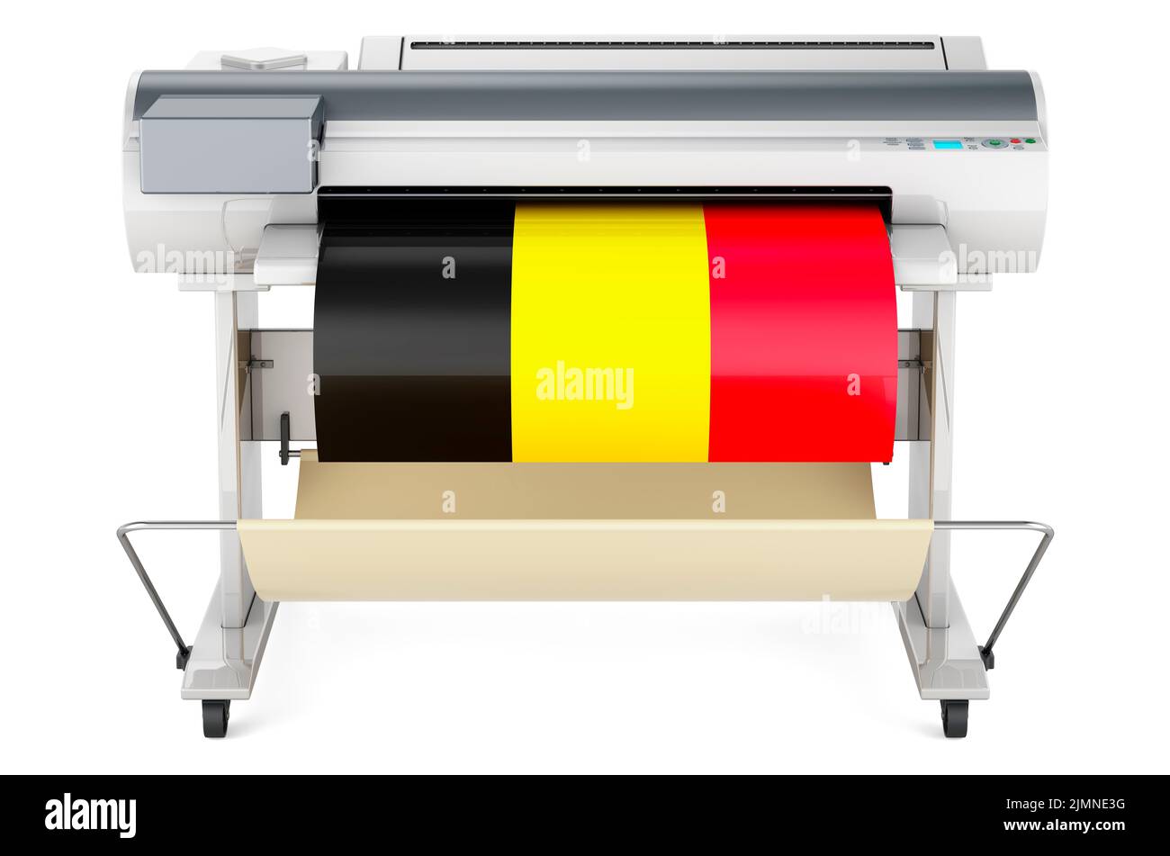 Stampante di grande formato, plotter con bandiera belga. 3D rendering isolato su sfondo bianco Foto Stock