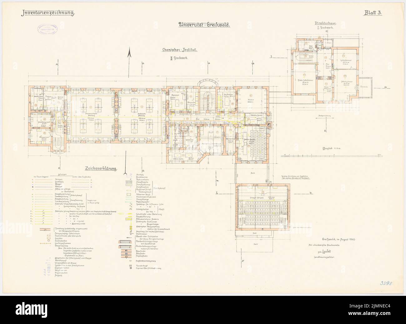 Thür Georg (1846-1924), Università di Greifswald. Chemical Institute (con una casa di registi) (08,1907): Piano 2nd piano (CH. I.), piano 1st piano (dir.) 1: 100. Litografia, 66,1 x 90,8 cm (inclusi i bordi di scansione) Foto Stock