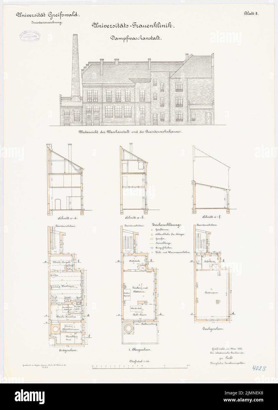 Architetto sconosciuto, Università di Greifswald. Women's Clinic - Waschhaus (1908): Grundriss Keller, piano terra, piano superiore, mansarda, vista ovest verticale, sezioni trasversali 1: 100. Litografia, 84,4 x 61,2 cm (inclusi i bordi di scansione) Foto Stock