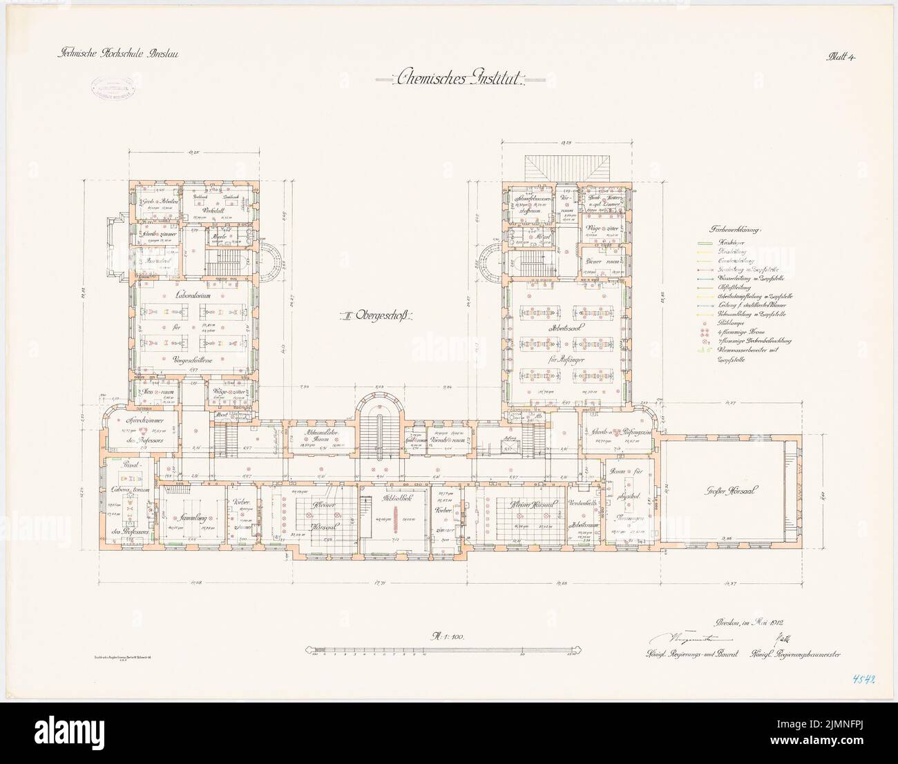 Thür Georg (1846-1924), Istituto chimico dell'Università tecnica di Wroclaw (1905-1910): Piano 2nd piano 1: 100. Litografia, 71,2 x 90,9 cm (inclusi i bordi di scansione) Foto Stock