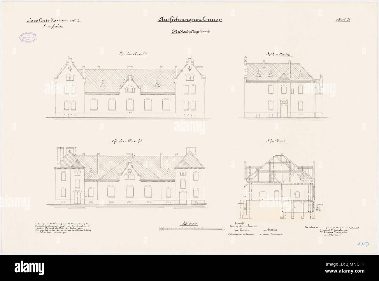 Rathke, Kavallerie Kasernement II a Gdansk-Langfuhr. Agriturismo (20 dicembre 1902): Sezione trasversale, vista frontale, vista laterale e posteriore, 1: 100. Litografia, 65 x 96,7 cm (inclusi i bordi di scansione) Foto Stock