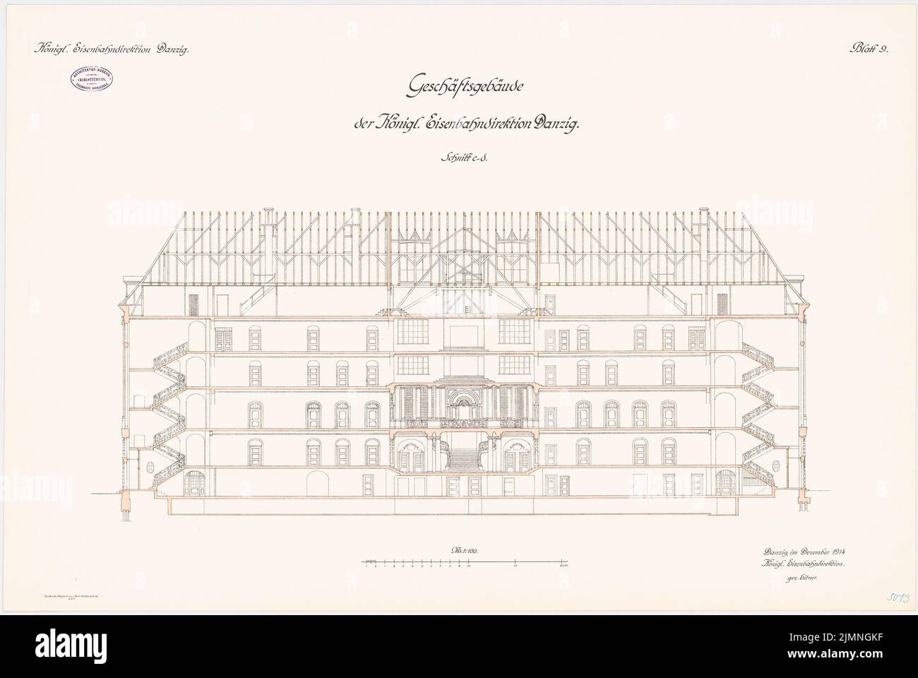 Architetto sconosciuto, direzione ferroviaria di Danzica (12,1914): Sezione longitudinale 1: 100. Litografia colorata, 65,8 x 98,2 cm (inclusi i bordi di scansione) Foto Stock