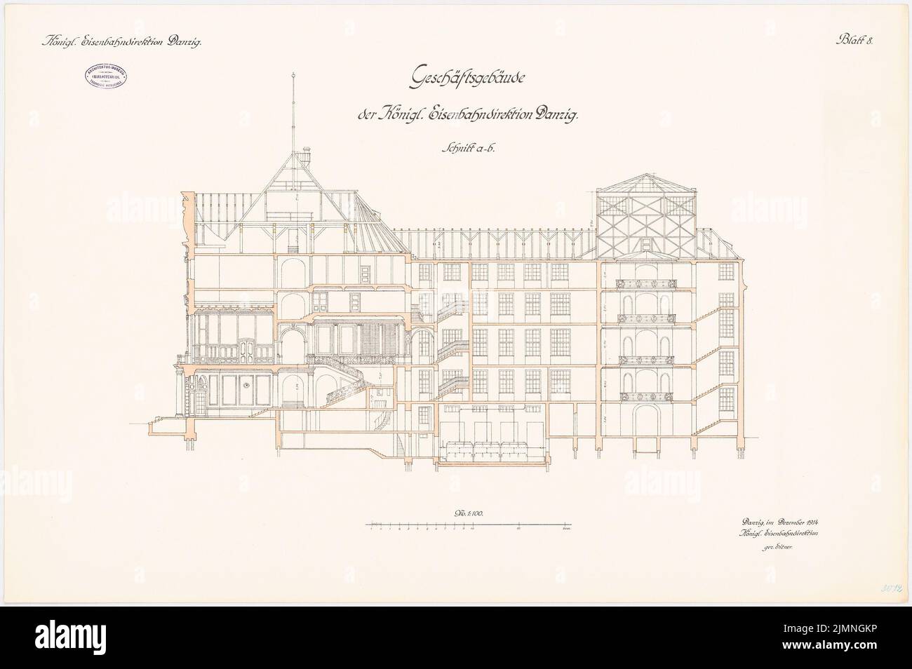 Architetto sconosciuto, direzione ferroviaria di Danzica (12,1914): Sezione trasversale 1: 100. Litografia colorata, 65,7 x 98,8 cm (inclusi i bordi di scansione) Foto Stock