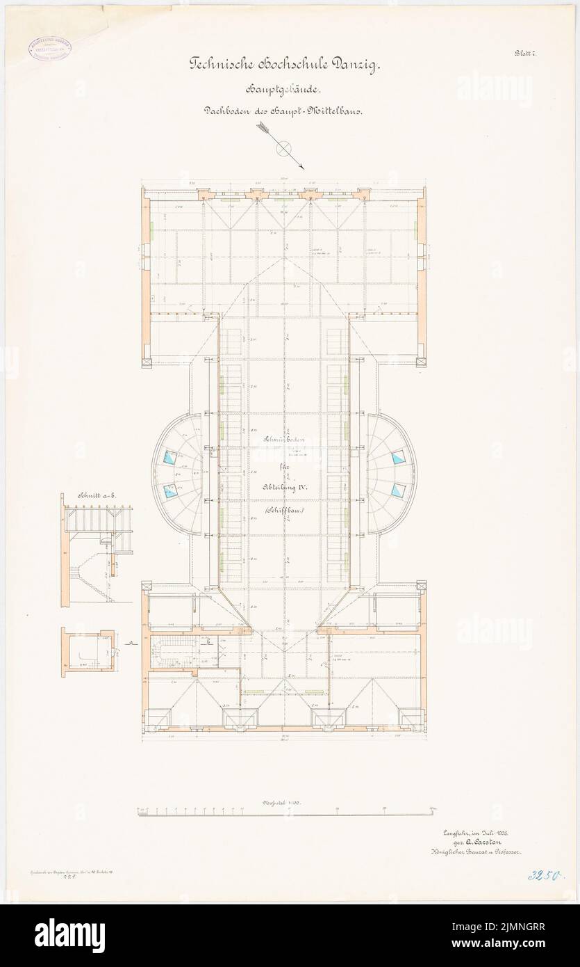 Eggert Hermann (1844-1920), edificio principale dell'Università tecnica di Danzig (07,1906): Piano loft 1: 100. Litografia colorata, 94,8 x 60,9 cm (inclusi i bordi di scansione) Foto Stock