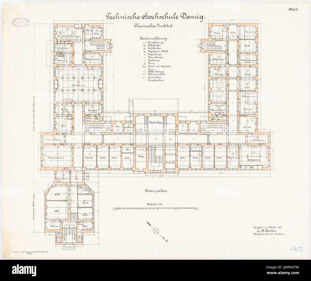 Eggert Hermann (1844-1920), Istituto chimico dell'Università tecnica di Danzig (10,1906): Grundriss seminterrato 1: 100. Litografia colorata, 69 x 82,6 cm (inclusi i bordi di scansione) Foto Stock