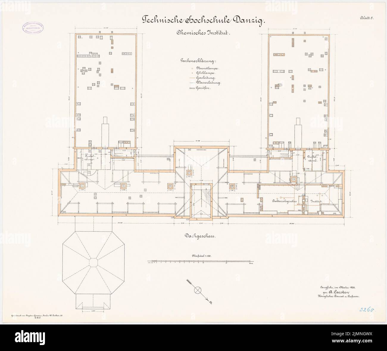 Eggert Hermann (1844-1920), Istituto chimico dell'Università tecnica di Danzig (10,1906): Piano DG 1: 100. Litografia colorata, 69,2 x 82,6 cm (inclusi i bordi di scansione) Foto Stock