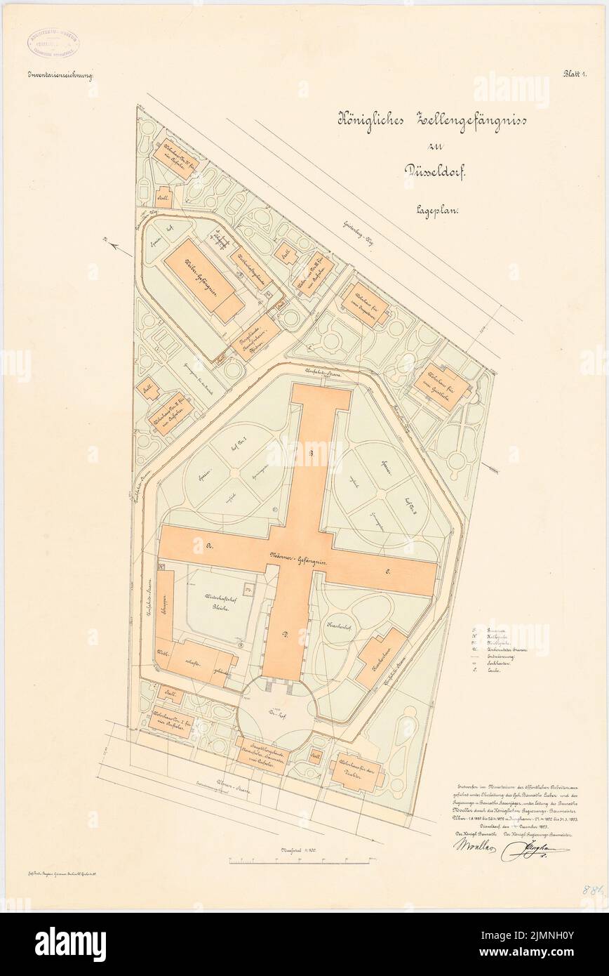 Hasenjäger Emil (nato nel 1838), prigione di cellule a Düsseldorf (01.12.1893): Pianta del sito 1: 500. Litografia colorata, 78,6 x 52,5 cm (inclusi i bordi di scansione) Foto Stock