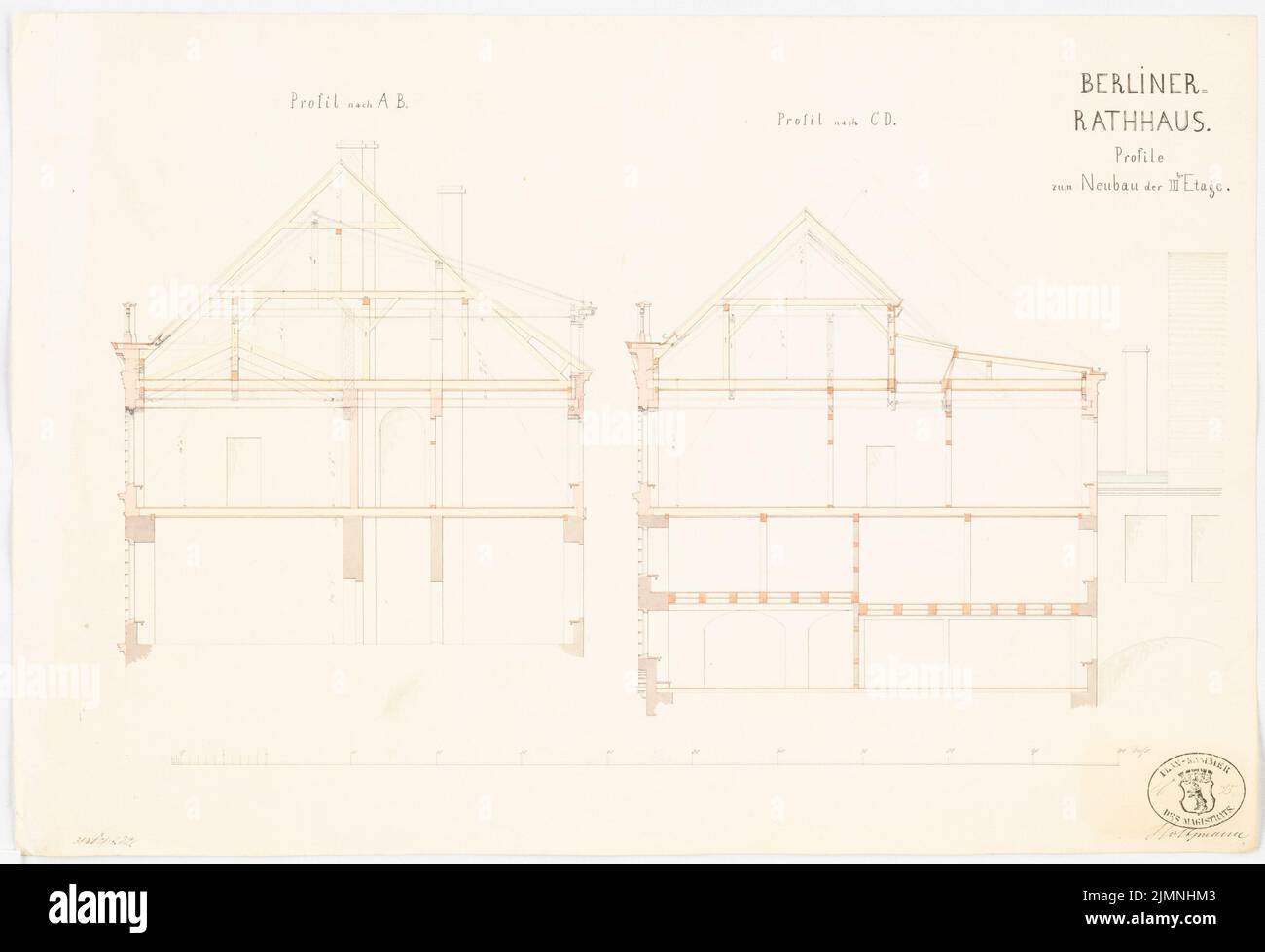 Holtzmann Gustav (morto nel 1860), vecchio municipio di Berlino. Conversione (09,1852): Profili (tagli) per il nuovo edificio 3rd, dimensioni in piedi. Acquerello Tusche su carta, 33,1 x 48,4 cm (inclusi i bordi di scansione) Foto Stock