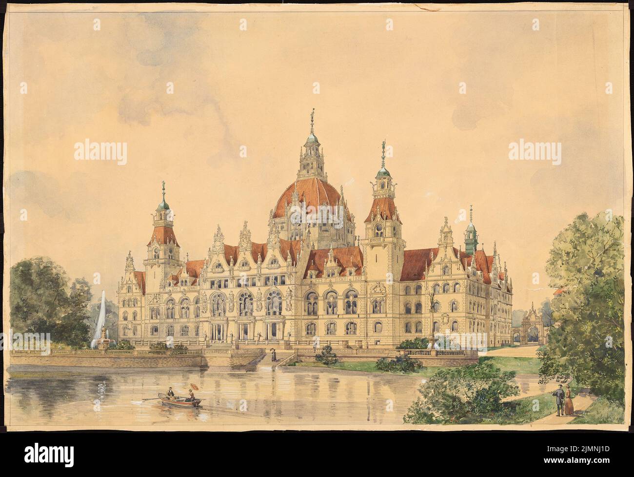 Eggert Hermann (1844-1920), municipio di Hannover (1897): Vista prospettica da Maschsee. Acquerello Tusche, cartoncino bianco con titolo, 54,6 x 80 cm (inclusi i bordi di scansione) Foto Stock