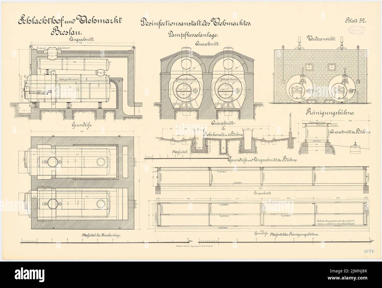 Plüddemann Richard (1846-1910), macello e mercato del bestiame, Wroclaw. Istituto di disinfezione (1894-1896): Caldaia a vapore: Piano del pavimento sezione longitudinale vista frontale 1:25. Fase di pulizia: Sezione longitudinale pianta del pavimento 1:20. Litografia colorata sulla scatola, 69,1 x 100,9 cm (inclusi i bordi di scansione) Foto Stock