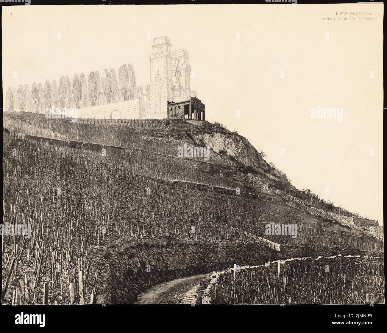 Eggert Hermann (1844-1920), monumento Bismarck sul Elisenhöhe, Bingen (1911): Vista dal pendio. Matita sopra la foto su cartone, 55,8 x 70,7 cm (inclusi i bordi di scansione) Foto Stock