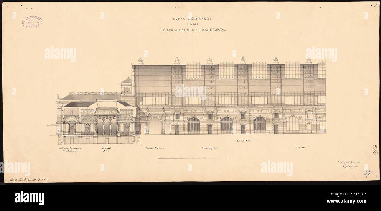 Eggert Hermann (1844-1920), stazione centrale di Francoforte sul meno. Reception building (11,1880): Taglio della sala della stazione con vista interna. Acquerello Tusche sulla scatola, 41,6 x 85,6 cm (inclusi i bordi di scansione) Foto Stock