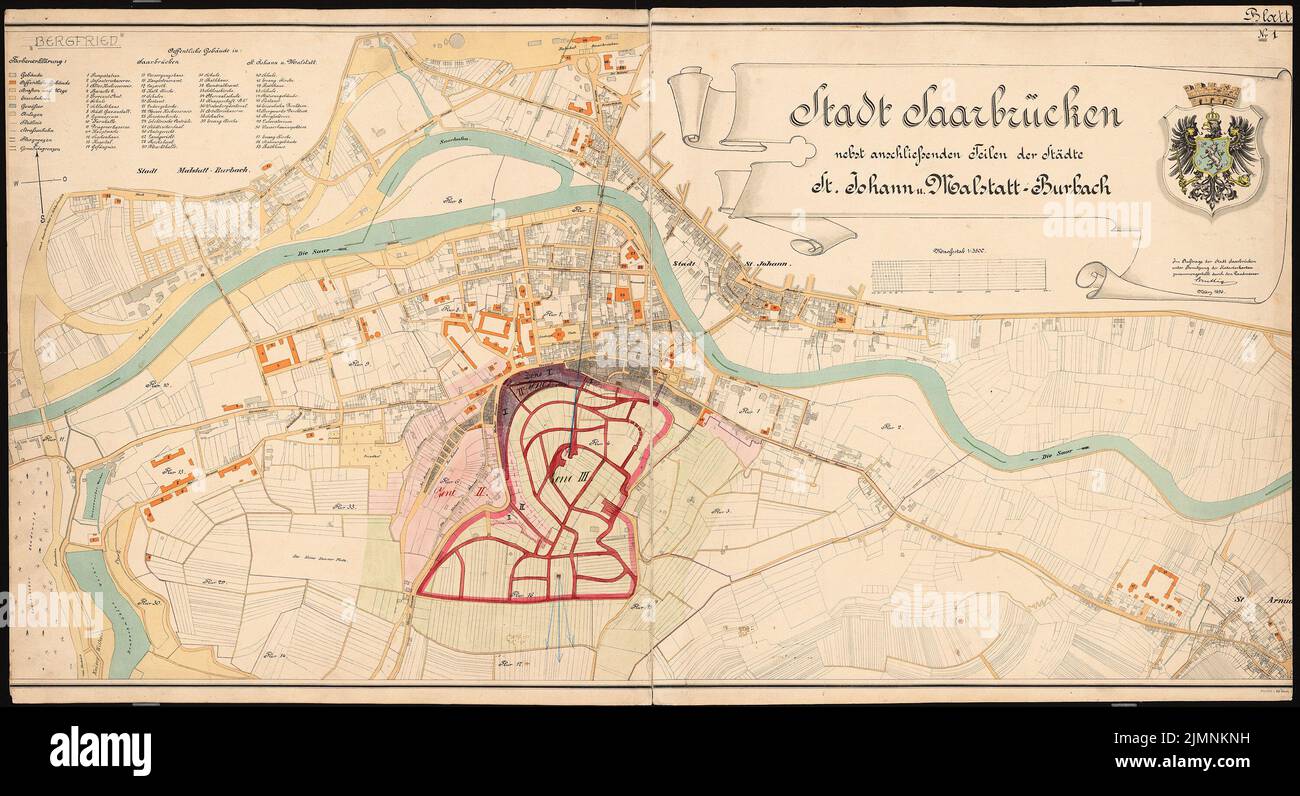 Brix & Genzmer, piano di sviluppo per la sede Triller, Saarbrücken-St. Johann. Mappa della città (03,1896): Mappa della città 1: 3500, comprese le parti di St. Johann e Malstatt-Burbach. Matita colorata ad acqua per pressione sul cartone, 70,2 x 129,1 cm (compresi i bordi di scansione) Brix & Genzmer : Bebauungsplan für die Ortslage Triller, Saarbrücken-St. Johann. Stadtplan Foto Stock