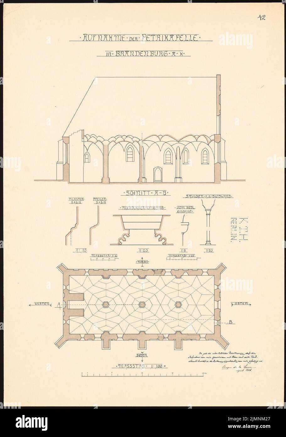 Salsa Eugen de la, Petrikirche, Brandeburgo/Havel (04,1906): Pianta e taglio, 1:20 e 1:100. Acquerello Tusche sulla scatola, 66,7 x 46,8 cm (compresi i bordi di scansione) Salsa Eugen de la : Petrikirche, Brandeburgo/Havel Foto Stock