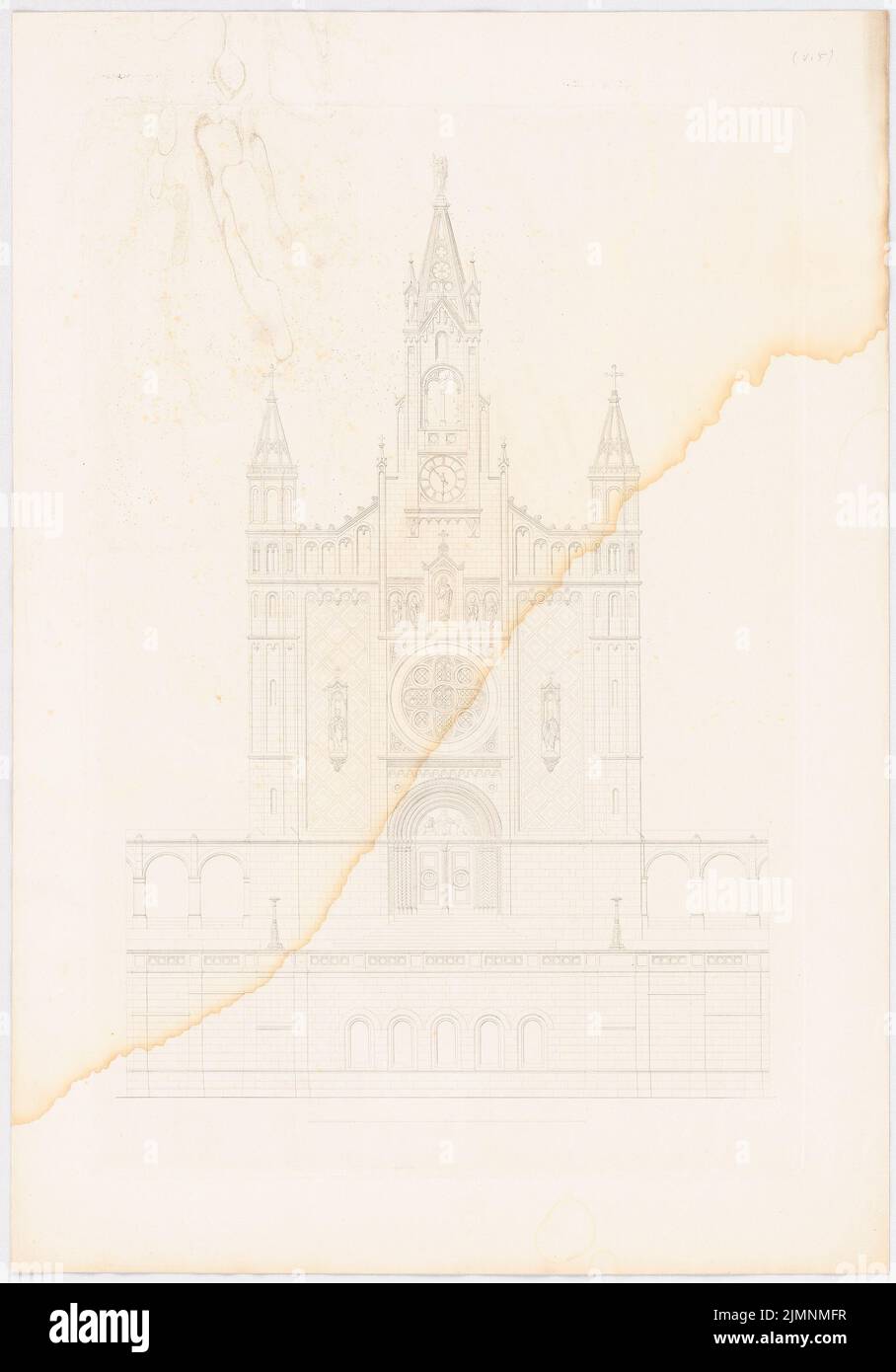 Lange Ludwig (1808-1868), chiesa monumentale con maneggio. (Da: L. Lange, opere di architettura superiore, 1856) (1856): Vista frontale. Pressione su cartone, 63,8 x 44,6 cm (compresi i bordi di scansione) Lange Ludwig (1808-1868): Werke der höheren Baukunst, Darmstadt 1856. Monumentalkirche mit Umgangshallen Foto Stock