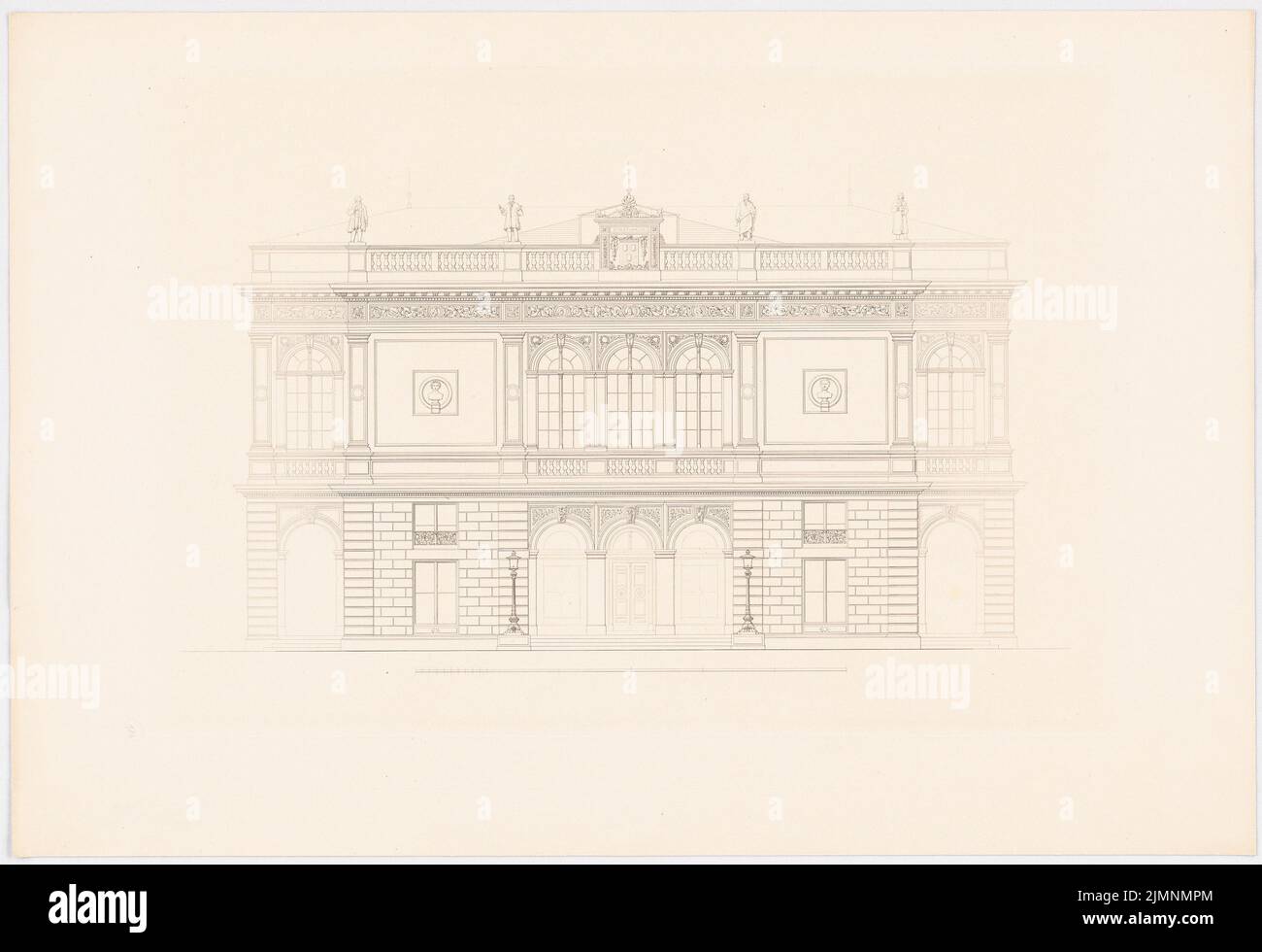 Lange Ludwig (1808-1868), Kunsthalle (previsto per Monaco?). (Da: L. Lange, opere di architettura superiore, 1860) (senza data): Facciata. Pressione su cartone, 44,1 x 64,4 cm (compresi i bordi di scansione) Lange Ludwig (1808-1868): Werke der höheren Baukunst, Darmstadt 1846/47. Kunsthalle (für München geplant ?) Foto Stock