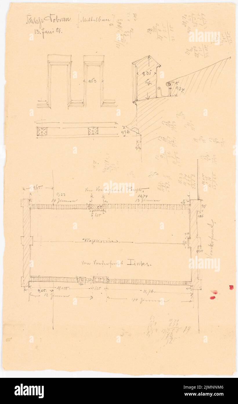 Lüdecke Carl Johann Bogislaw (1826-1894), Castello di Dobrau. Conversione (06/13/1881): Schizzi del timpano della costruzione centrale: Pianta del pavimento, taglio, dettaglio; dimensioni; calcoli (più avanti sul retro). Matita su carta, 40,1 x 25,3 cm (compresi i bordi di scansione) Lüdecke Carl Johann Bogislaw (1826-1894): Schloss, Dobrau. Umbau Foto Stock