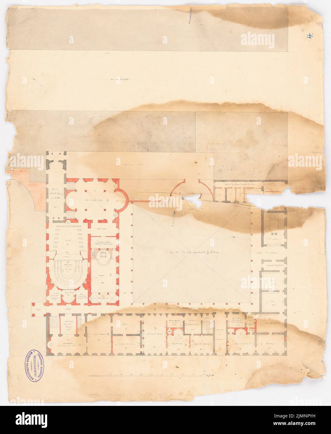 Grandjean de Montigny Auguste (1776-1850), parlamento. (?) (Senza dat.): Pianta. Materiale/tecnologia N. Catturato, 56,9 x 46,4 cm (compresi i bordi di scansione) Grandjean de Montigny Auguste (1776-1850): Entwurf Umbau Schloss Bellevue, Kassel. Einbau mangia teatri Foto Stock