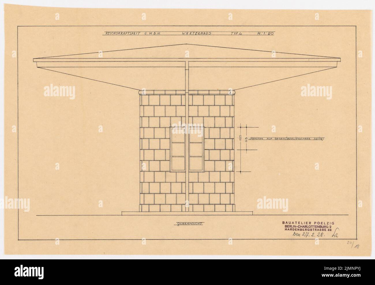 Poelzig Hans (1869-1936), stazioni di servizio della Reichskrafprit GmbH, Berlino (27 febbraio 1928): Vista trasversale tipo 4, WORTERHAUS 1:20. Matita su trasparente, 36,5 x 52,8 cm (compresi i bordi di scansione) Poelzig Hans (1869-1936): Tankstellen der Reichskraftsprit GmbH, Berlino Foto Stock