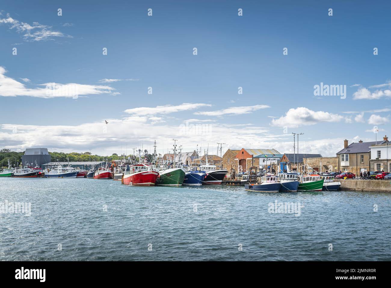 Diverse colorate barche da pesca ormeggiate nel porto di Howth, Dublino, Irlanda Foto Stock