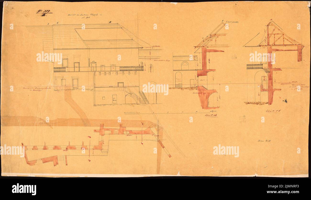 Orth agosto (1828-1901), Castello del Dr. Strousberg, Zbirrow. Conversione (04.02.1870): Ala posteriore: Vista, sezioni trasversali. Inchiostro, matita, inchiostro colore acquerello su trasparente, 54 x 93,8 cm (compresi i bordi di scansione) Agosto Orth (1828-1901): Schloss von Dr. Strousberg, Zbirrow. Umbau Foto Stock