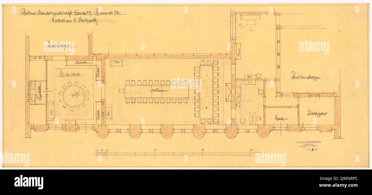 Messel Alfred (1853-1909), edificio commerciale della Handelsgesellschaft di Berlino (1898-1900): Piano dei mobili per il piano 2nd. Matita colorata su trasparente, 35,2 x 77,3 cm (compresi i bordi di scansione) Messel & Altgelt : Berliner Handelsgesellschaft, Berlino Foto Stock